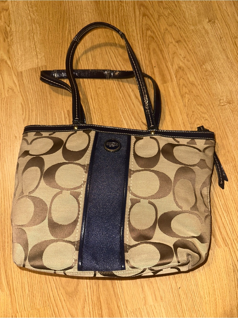 Coach Brown Signature Canvas Tote with Navy Center Stripe - Picture 10 of 11